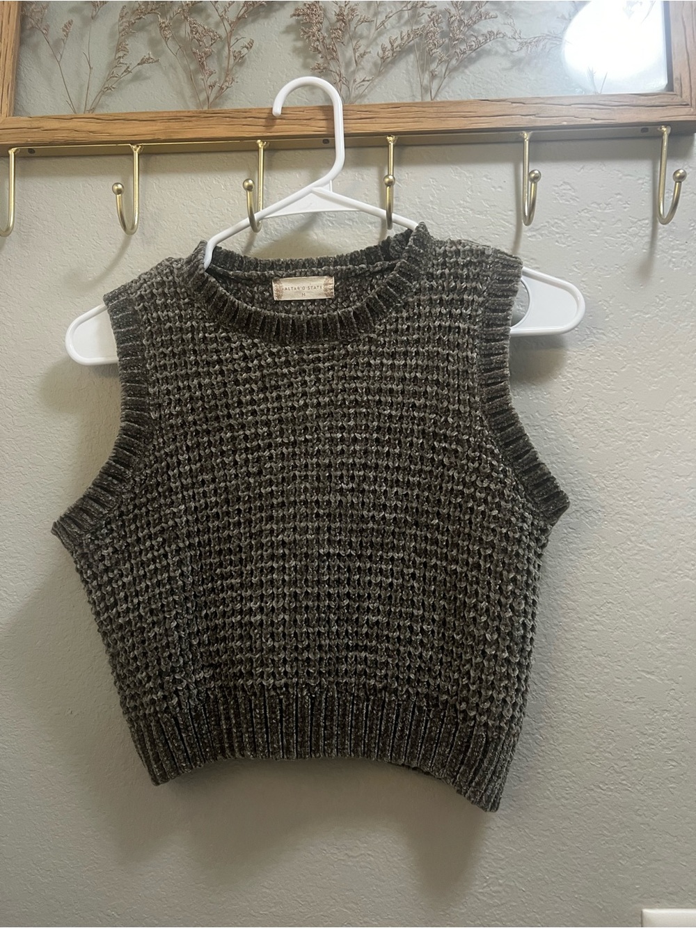 Altar'd State Olive Green Waffle Knit Sleeveless Crewneck Sweater